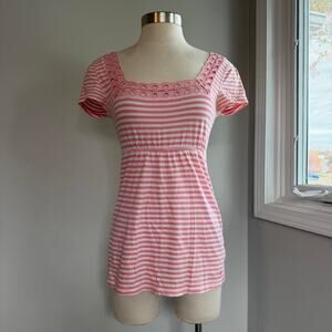 Y2k abercrombie and fitch pink and white striped babydoll top with lace trim
